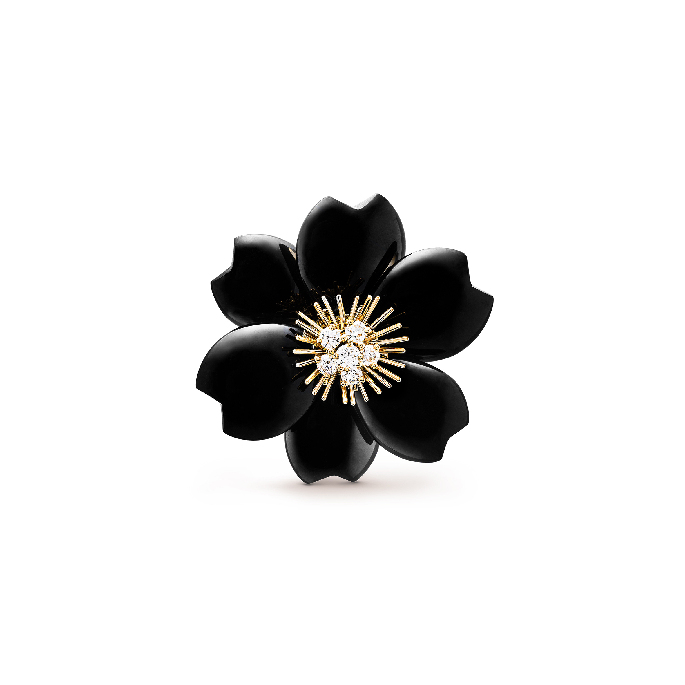 VAN CLEEF ARPELS ROSE DE NOËL CLIP, MEDIUM MODEL - YELLOW GOLD, DIAMOND, ONYX  VCARO9B300